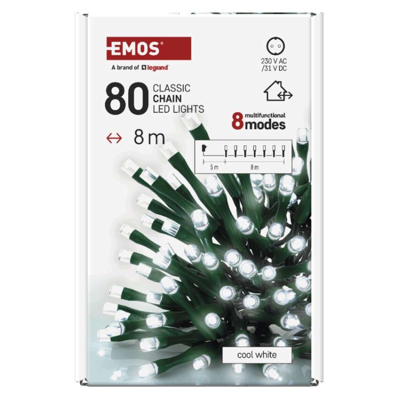 LED Weihnachtliche Lichterkette, 8 m, Außen/Innen, kaltweiß, Programme, Timer