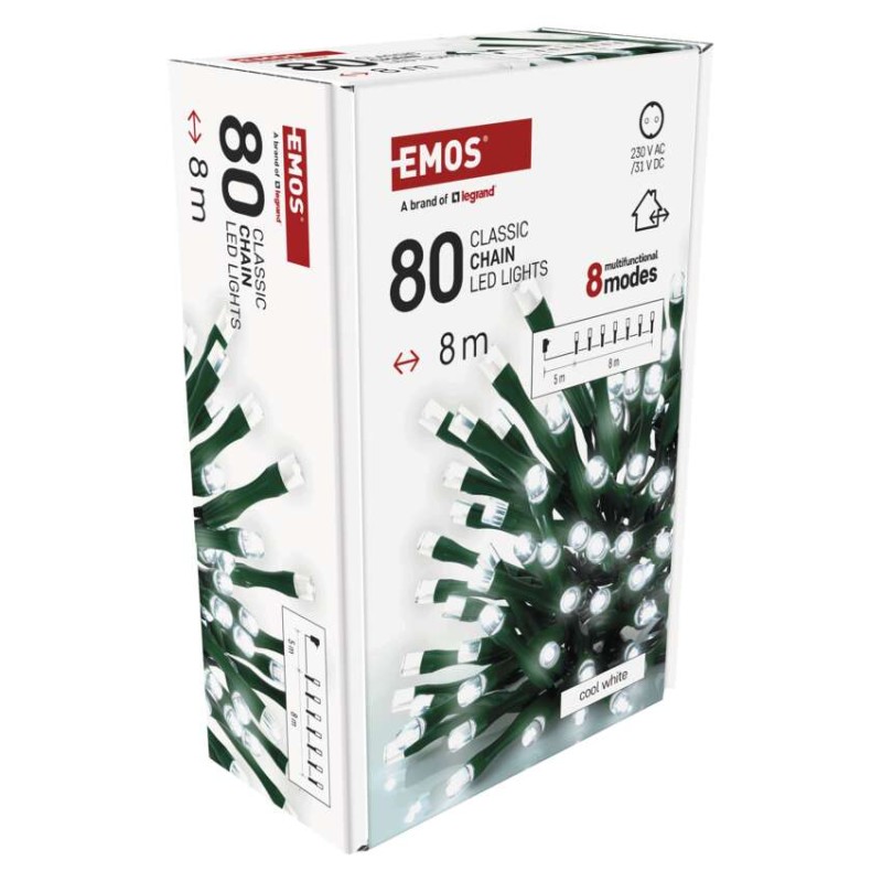 LED Weihnachtliche Lichterkette, 8 m, Außen/Innen, kaltweiß, Programme, Timer