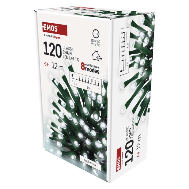 LED Ziemassvētku virtene, 12 m, lietošanai ārā un iekštelpās, auksti balta, 8 r., ar taim.