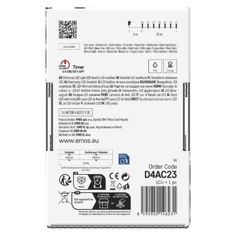 LED Ziemassvētku virtene, 12 m, lietošanai ārā un iekštelpās, auksti balta, 8 r., ar taim.