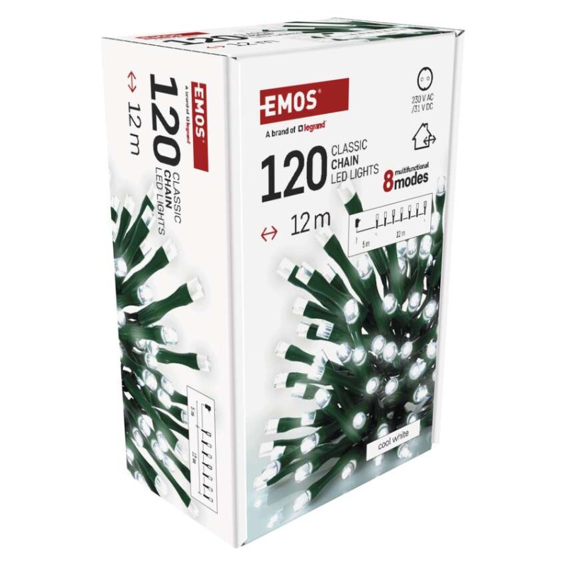 LED Ziemassvētku virtene, 12 m, lietošanai ārā un iekštelpās, auksti balta, 8 r., ar taim.