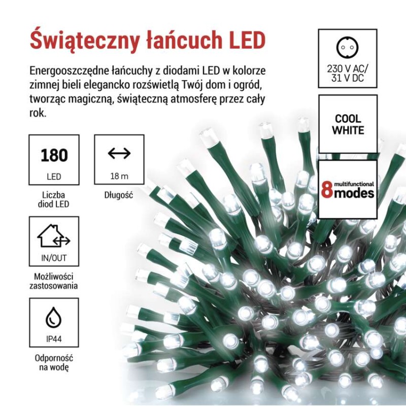 Lampki choinkowe Classic 180 LED 18m zimna biel, zielony przewód, IP44, 8 programów, timer