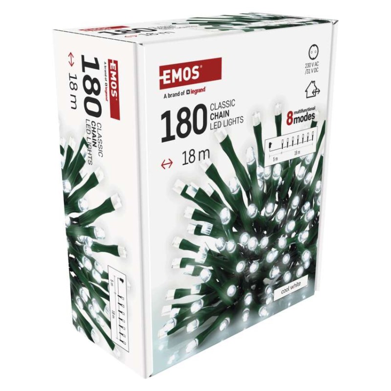 LED jõuluvalguskett, 18 m, õue/tuppa, külm valge, 8 režiimi, ajasti