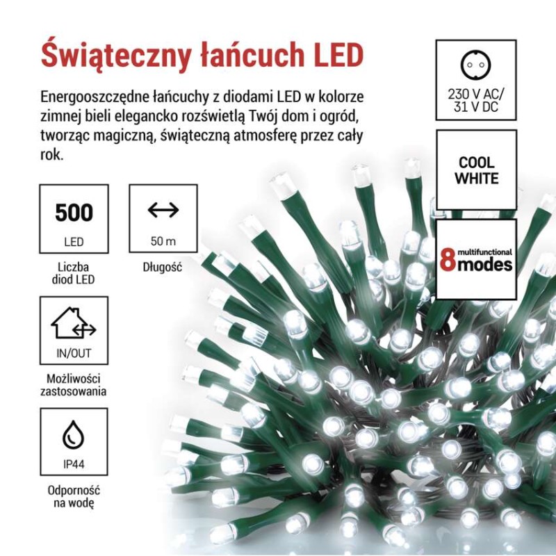 Lampki choinkowe Classic 500 LED 50m zimna biel, zielony przewód, IP44, 8 programów, timer