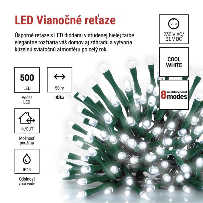 LED vianočná reťaz, 50 m, vonkajšia aj vnútorná, studená biela, programy, časovač