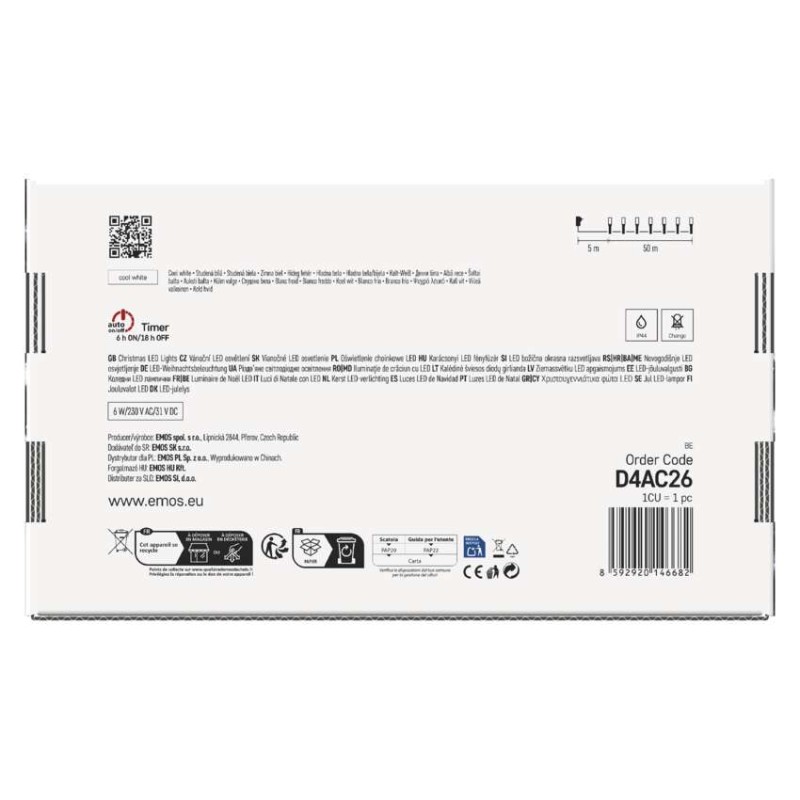 LED karácsonyi fényfüzér, 50 m, kültéri és beltéri, hideg fehér, progr, időz.