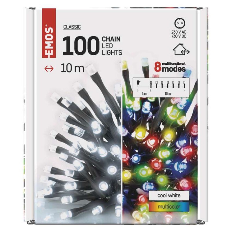 Lampki choinkowe 100LED 10m, 2 w 1 zimna biel lub multikolor, czarny, 8 programów, IP44