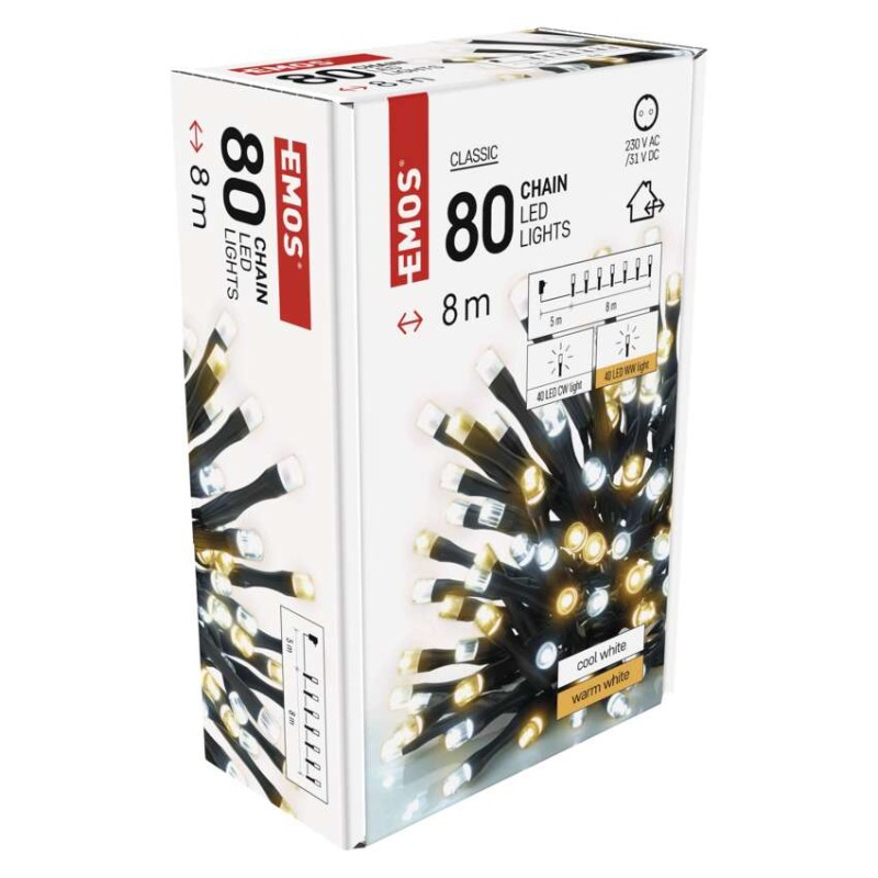 LED karácsonyi fényfüzér, 8 m, kültéri és beltéri, meleg/hideg fehér, időzítő