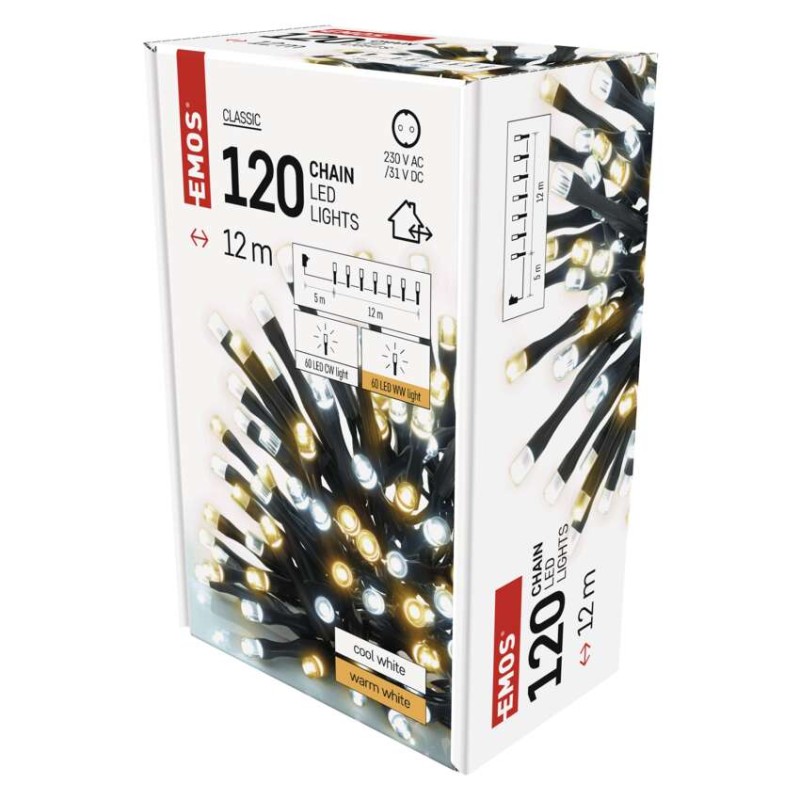 LED Ziemassvētku virtene, 12 m, liet. ārā un iekštelpās, silti/auksti balta, ar taimeru