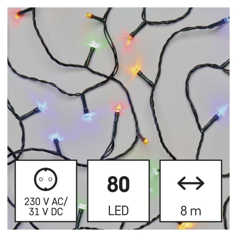LED vánoční řetěz, 8 m, venkovní i vnitřní, multicolor, časovač