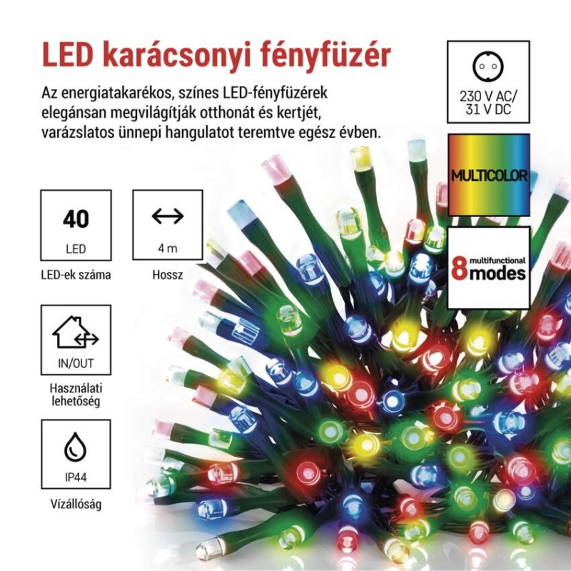 LED karácsonyi fényfüzér, 4 m, kültéri és beltéri, többszínű, progr, időz.