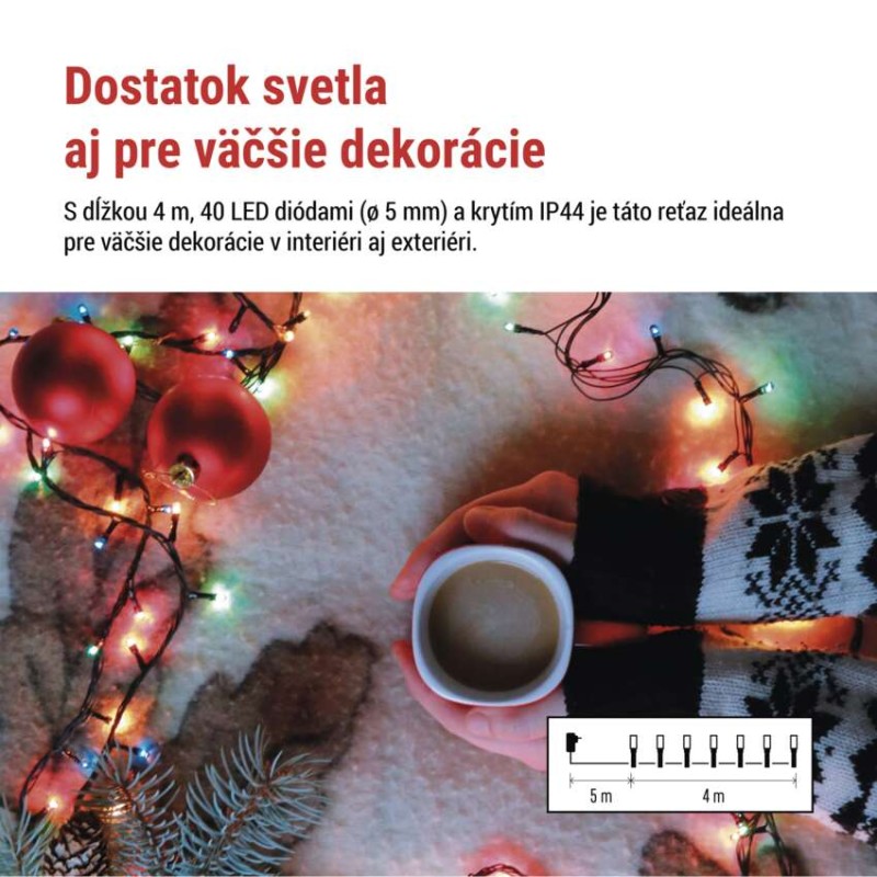 LED vianočná reťaz, 4 m, vonkajšia aj vnútorná, multicolor, programy, časovač