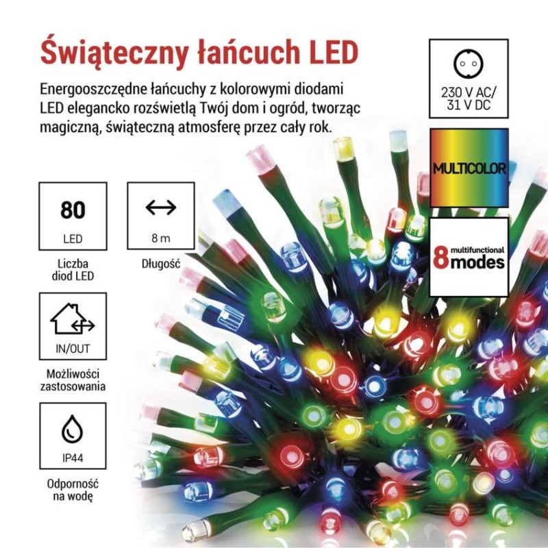 Lampki choinkowe Classic 80 LED 8m multikolor, zielony przewód, IP44, 8 programów, timer