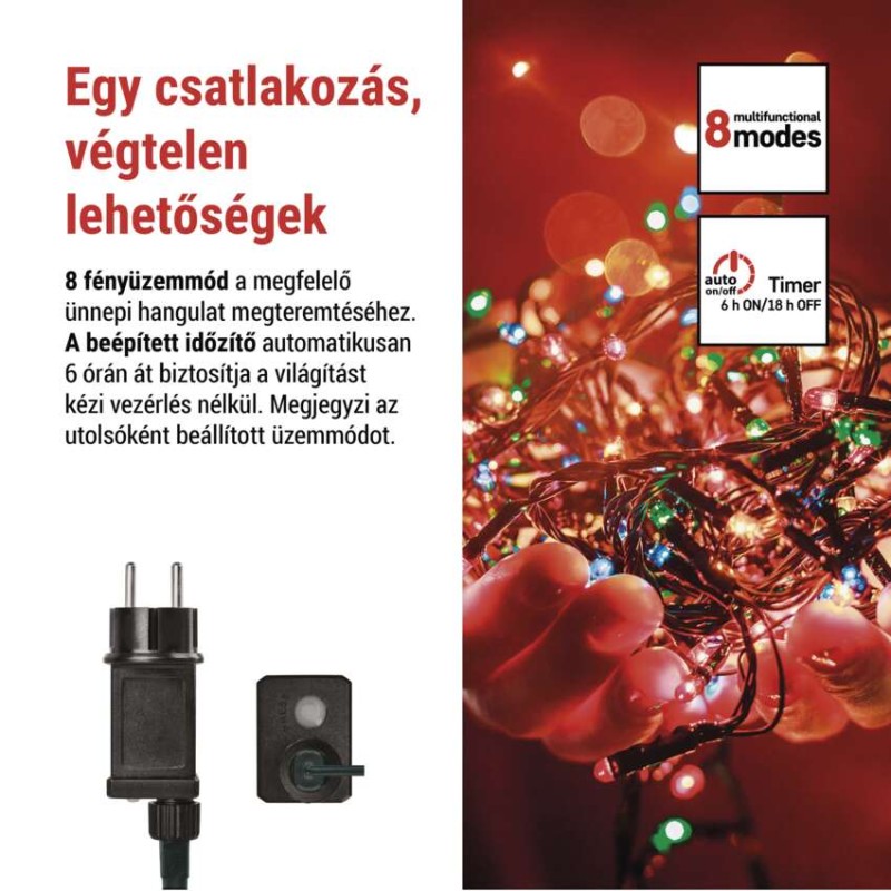 LED karácsonyi fényfüzér, 8 m, kültéri és beltéri, többszínű, progr, időz.