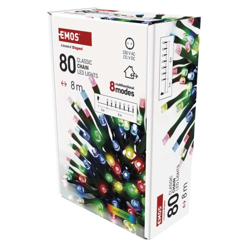 LED Ziemassvētku virtene, 8 m, lietošanai ārā un iekštelpās, daudzkrāsaina, 8 r., ar taim.