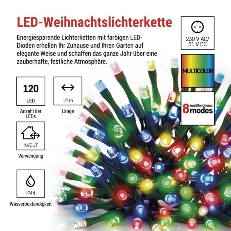 LED Weihnachtliche Lichterkette, 12 m, Außen/Innen, Multicolor, Programme, Timer