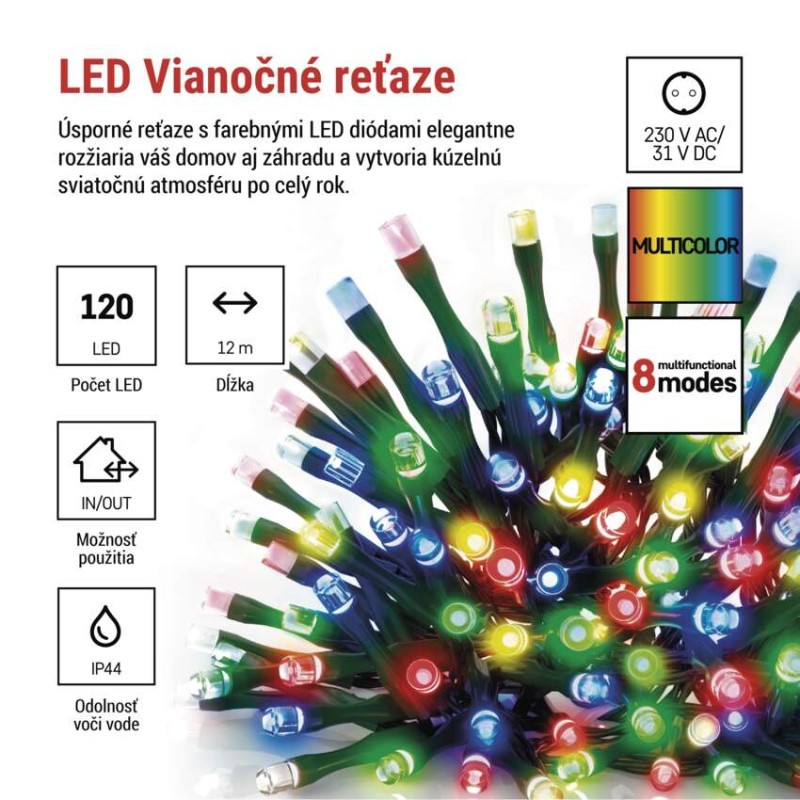 LED vianočná reťaz, 12 m, vonkajšia aj vnútorná, multicolor, programy, časovač