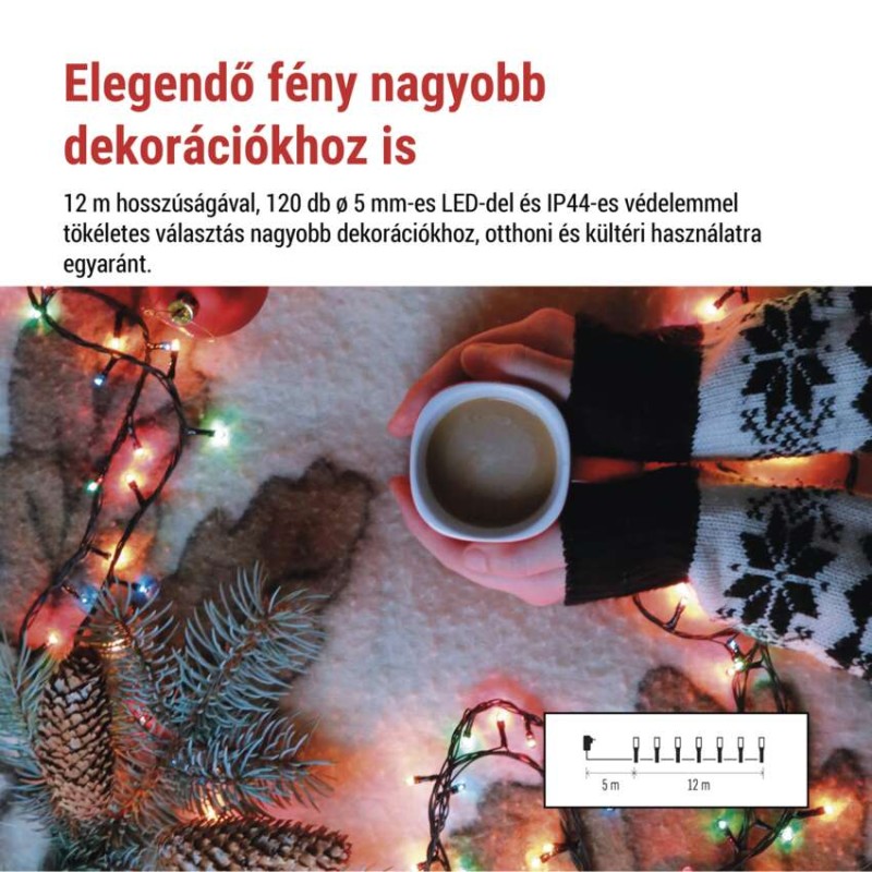 LED karácsonyi fényfüzér, 12 m, kültéri és beltéri, többszínű, progr, időz.