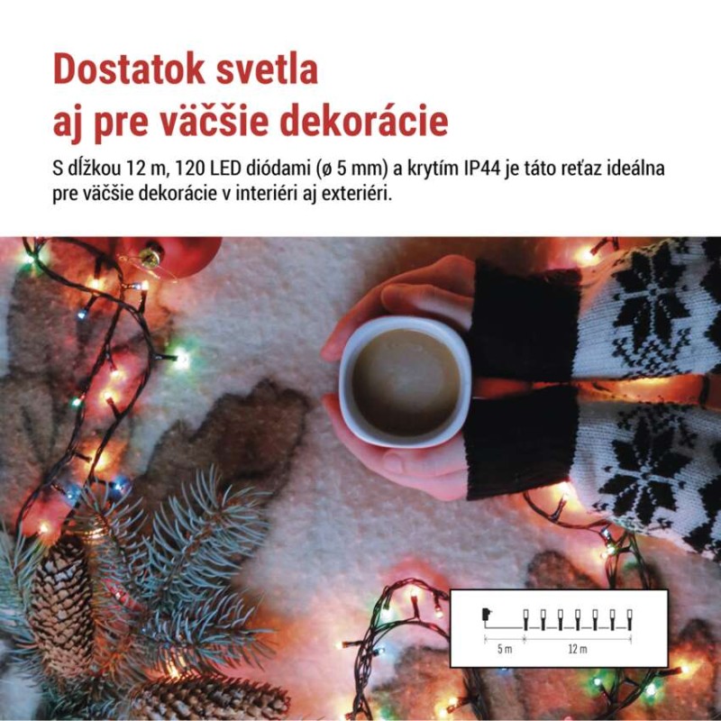LED vianočná reťaz, 12 m, vonkajšia aj vnútorná, multicolor, programy, časovač