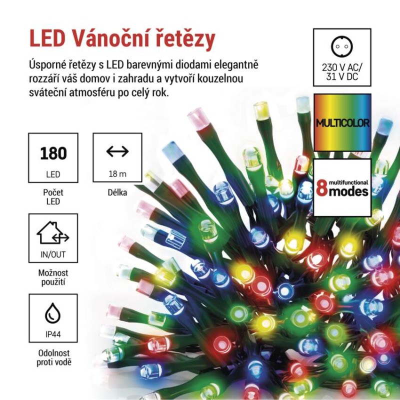 LED vánoční řetěz, 18 m, venkovní i vnitřní, multicolor, programy, časovač