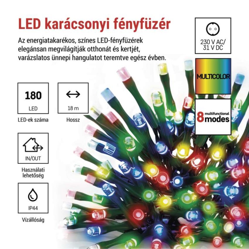 LED karácsonyi fényfüzér, 18 m, kültéri és beltéri, többszínű, progr, időz.