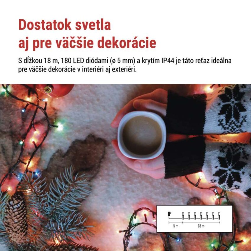 LED vianočná reťaz, 18 m, vonkajšia aj vnútorná, multicolor, programy, časovač