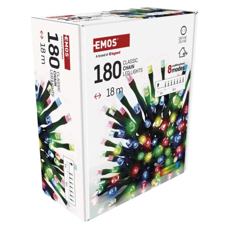 LED vánoční řetěz, 18 m, venkovní i vnitřní, multicolor, programy, časovač