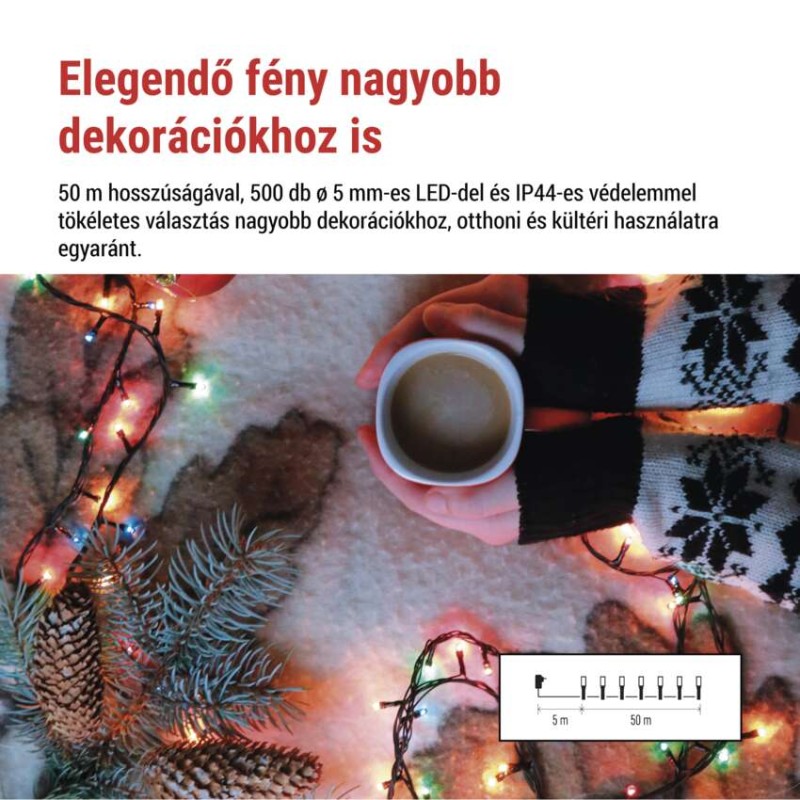 LED karácsonyi fényfüzér, 50 m, kültéri és beltéri, többszínű, progr, időz.
