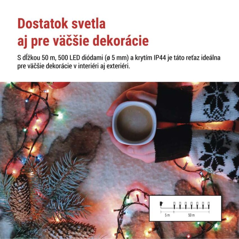 LED vianočná reťaz, 50 m, vonkajšia aj vnútorná, multicolor, programy, časovač