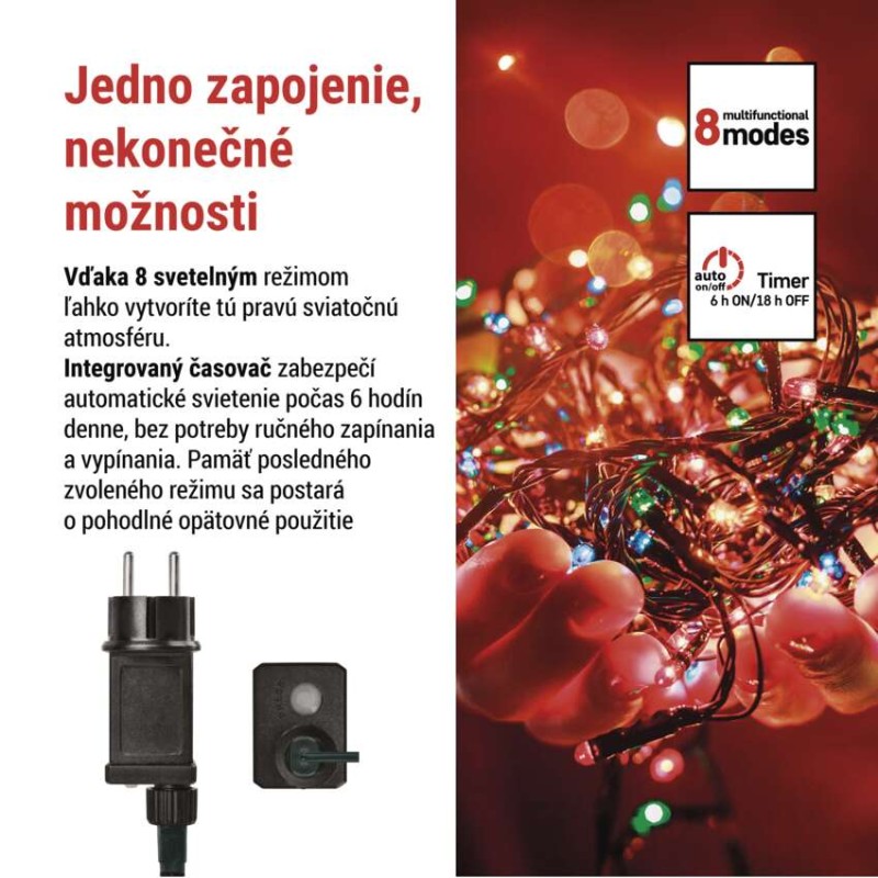 LED vianočná reťaz, 50 m, vonkajšia aj vnútorná, multicolor, programy, časovač