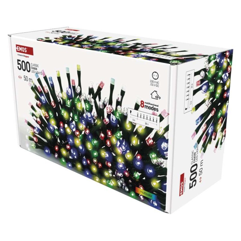 LED Ziemassvētku virtene, 50 m, lietošanai ārā un iekštelpās, daudzkrāsaina, 8 r., ar taim