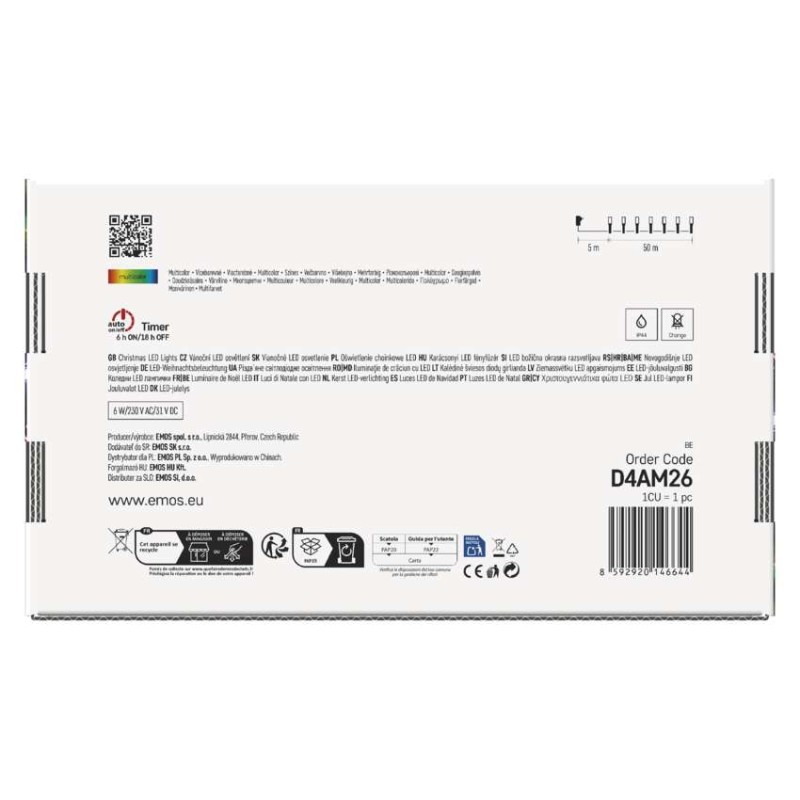 LED Ziemassvētku virtene, 50 m, lietošanai ārā un iekštelpās, daudzkrāsaina, 8 r., ar taim