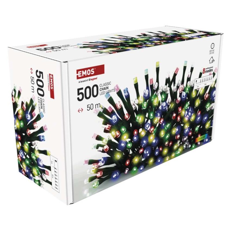 LED Ziemassvētku virtene, 50 m, lietošanai ārā un iekštelpās, daudzkrāsaina, 8 r., ar taim