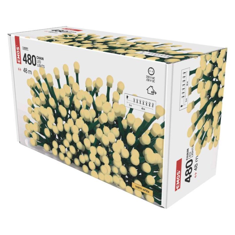 LED Ziemassvētku virtene – bumbiņas, 48 m, liet. ārā un iekšt., silti balta, ar taimeru