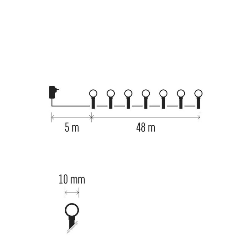 LED Ziemassvētku virtene – bumbiņas, 48 m, liet. ārā un iekšt., silti balta, ar taimeru