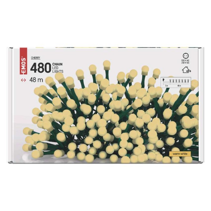 LED Ziemassvētku virtene – bumbiņas, 48 m, liet. ārā un iekšt., silti balta, ar taimeru