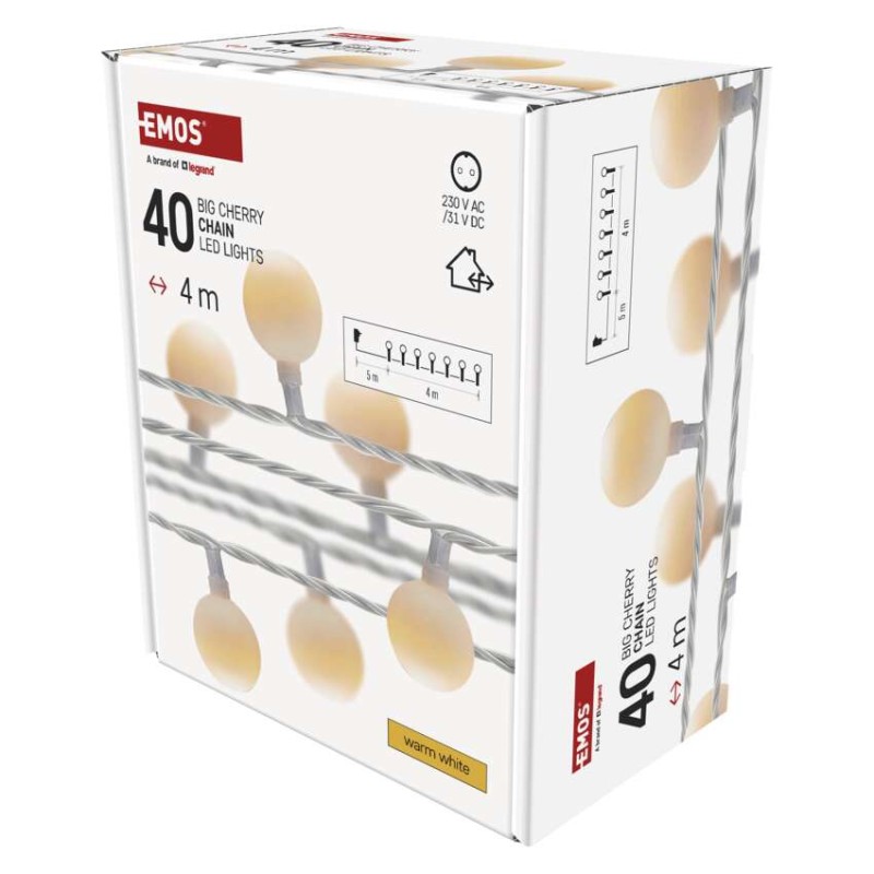 LED Ziemassvētku virtene – 2,5 cm bumb., 4 m, liet. ārā un iekšt., silti balta, ar taimeru