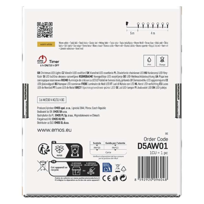 LED Ziemassvētku virtene – 2,5 cm bumb., 4 m, liet. ārā un iekšt., silti balta, ar taimeru