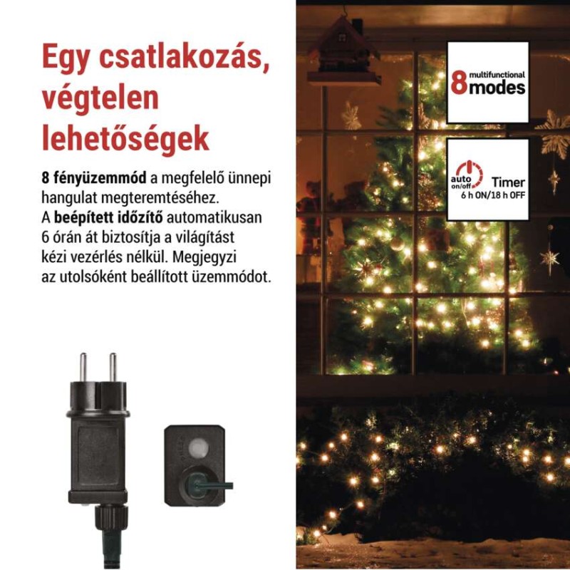 LED karácsonyi fényfüzér, cseresznye–golyók,20 m,kültéri és beltéri,meleg fehér,progr,időz