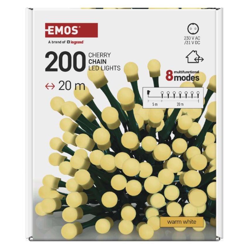 LED Ziemassvētku virtene – bumbiņas, 20 m, liet. ārā un iekšt., silti balta, 8 r.,ar taim.