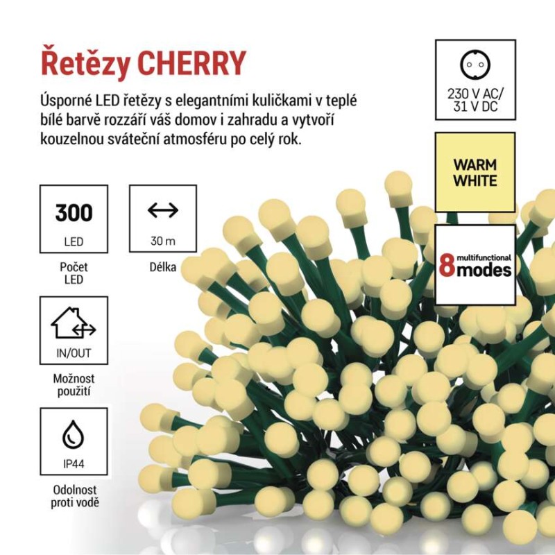 LED vánoční cherry řetěz – kuličky, 30 m, venkovní i vnitřní, teplá bílá, programy,časovač