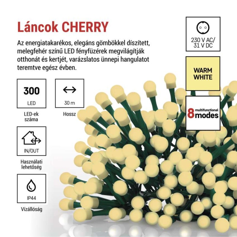 LED karácsonyi fényfüzér,cseresznye–golyók,30 m,kültéri és beltéri,meleg fehér,progr,időz