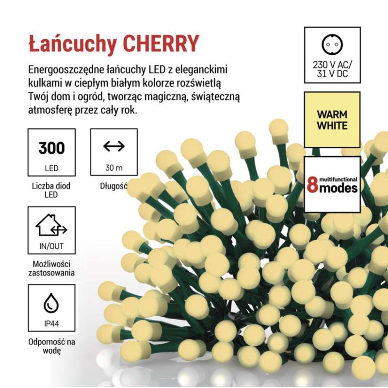 Lampki choinkowe 300 LED cherry 30m , ciepła biel, zielony przewód, IP44,8 programów, time