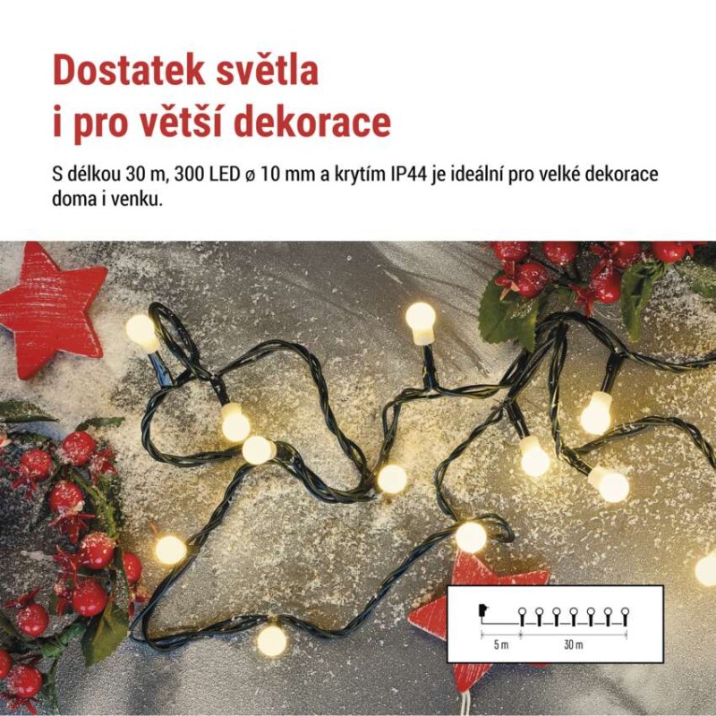LED vánoční cherry řetěz – kuličky, 30 m, venkovní i vnitřní, teplá bílá, programy,časovač