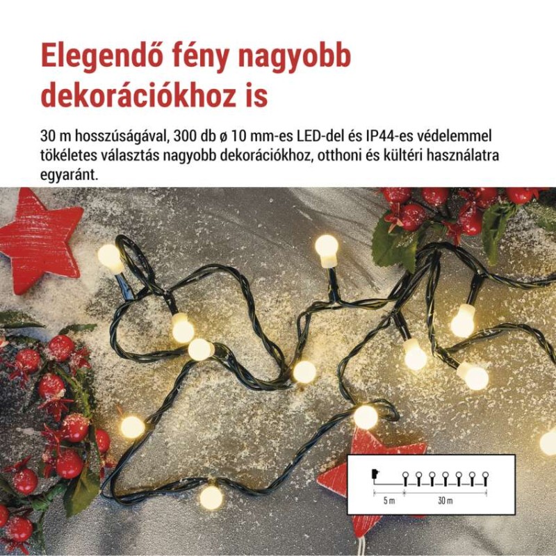 LED karácsonyi fényfüzér,cseresznye–golyók,30 m,kültéri és beltéri,meleg fehér,progr,időz