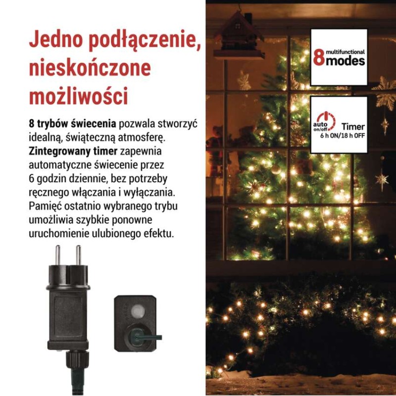 Lampki choinkowe 300 LED cherry 30m , ciepła biel, zielony przewód, IP44,8 programów, time