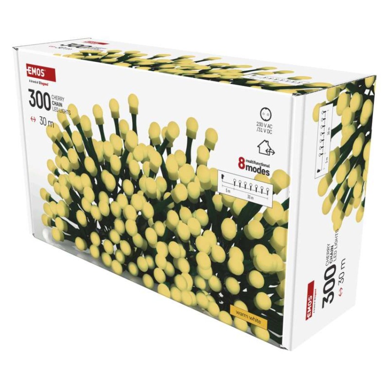 LED vánoční cherry řetěz – kuličky, 30 m, venkovní i vnitřní, teplá bílá, programy,časovač