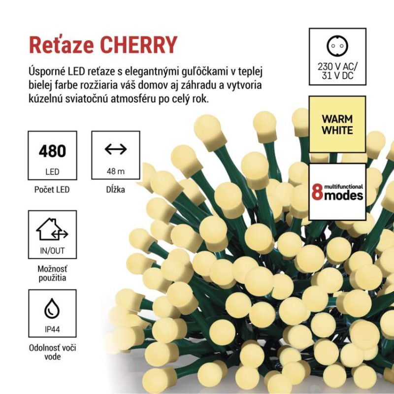 LED vianočná cherry reťaz – guličky, 48 m, vonk. aj vnútor.,teplá biela, programy, časovač