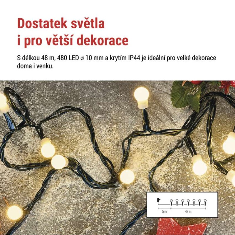 LED vánoční cherry řetěz – kuličky, 48 m, venkovní i vnitřní, teplá bílá, programy,časovač