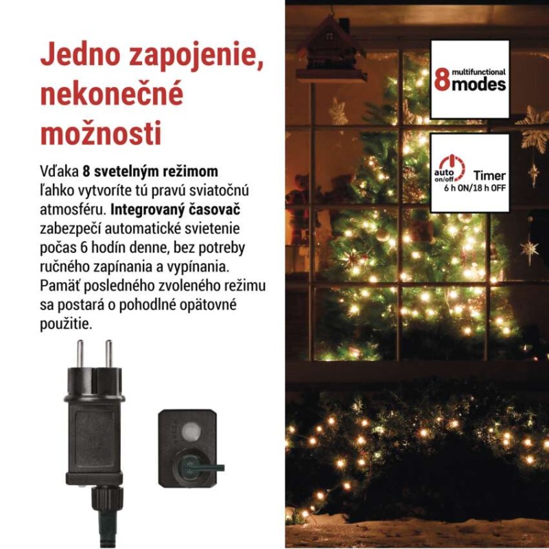 LED vianočná cherry reťaz – guličky, 48 m, vonk. aj vnútor.,teplá biela, programy, časovač